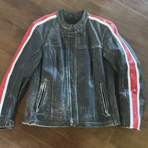 Men's Black Leather Jacket with Red & White Racing Stripes